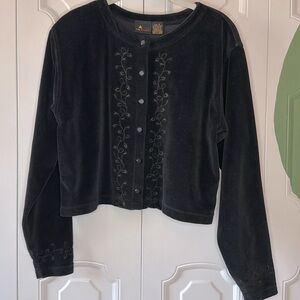 Black velvet cropped cardi with embroidery size small Liz Sport